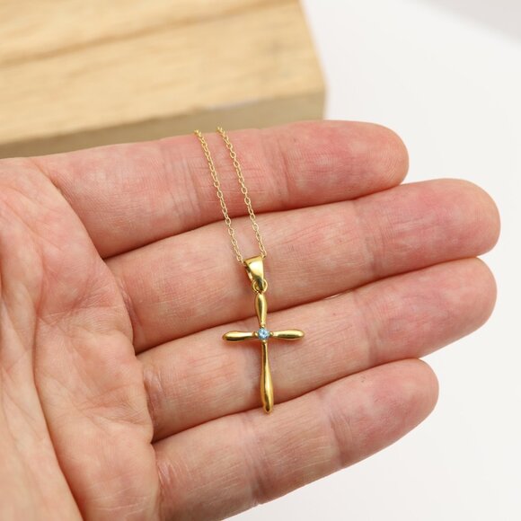 Silver Cross Natural Blue Topaz Cross Pendant plated with 14k gold - Picture 6 of 8